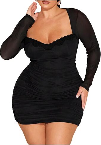Floerns Women's Plus Size Sweetheart Neck Mini Dress Lace Trim Bodycon Dresses in Saudi Arabia