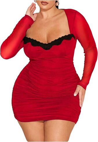 Floerns Women's Plus Size Sweetheart Neck Mini Dress Lace Trim Bodycon Dresses in Saudi Arabia