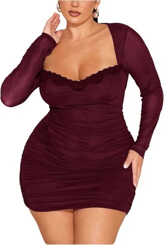 Floerns Women's Plus Size Sweetheart Neck Mini Dress Lace Trim Bodycon Dresses in Saudi Arabia