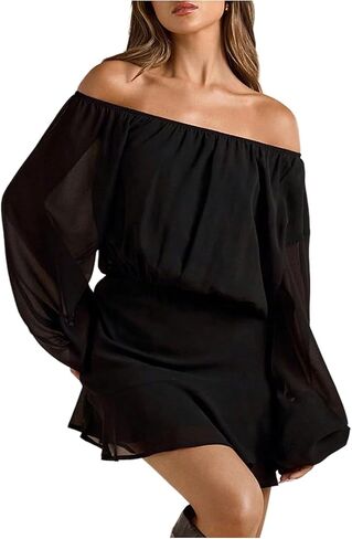 Floerns Women's Off The Shoulder Chiffon Dresses Lantern Long Sleeve Festival Party Mini Dress in Saudi Arabia