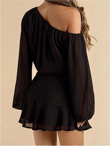 Floerns Women's Off The Shoulder Chiffon Dresses Lantern Long Sleeve Festival Party Mini Dress in Saudi Arabia