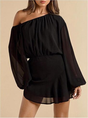 Floerns Women's Off The Shoulder Chiffon Dresses Lantern Long Sleeve Festival Party Mini Dress in Saudi Arabia