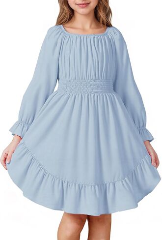 JiAmy Girls Dresses Kids Fall Long Sleeve Smocked Ruffle Tiered Off Shoulder Dress in Saudi Arabia