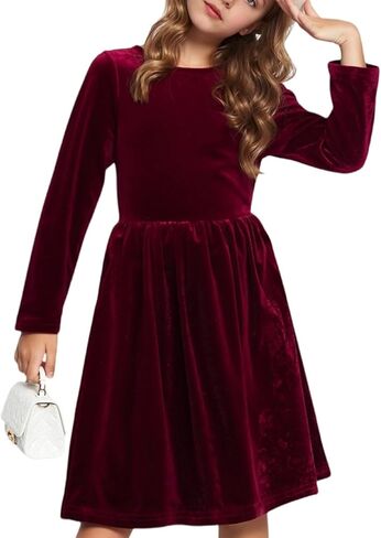 Girls Velvet A Line Dress Long Sleeve Round Neck Knee Length Solid Color Basic Warm Party Spring Fall Winter for 2-7 Years in Saudi Arabia