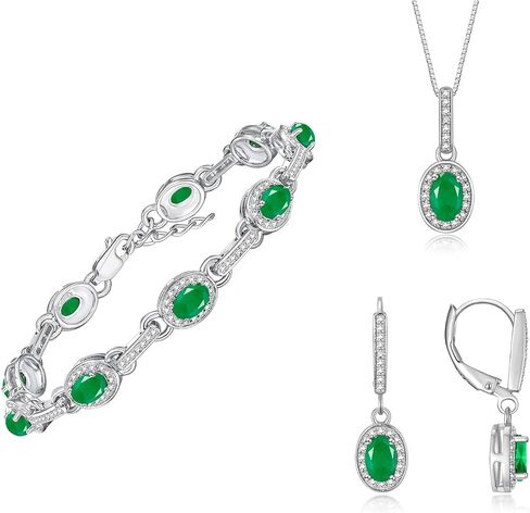 مجموعة مجوهرات Rylos المطابقة لمصمم Halo Birthstone: 6X4MM أحجار كريمة وألماس، فضة إسترلينية. سوار التنس والأقراط والقلادة. معصم قابل للتعديل 7 - 8 بوصة، سلسلة 18 بوصة. in Saudi Arabia