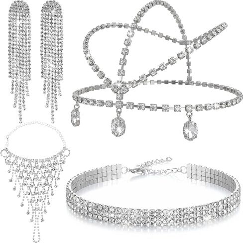 4 Pcs 1920s Rhinestone Silver Jewelry Set for Women Glitter Head Chain Dangle Earrings Crystal Choker Necklace Hand Chain for Wedding Party in Saudi Arabia