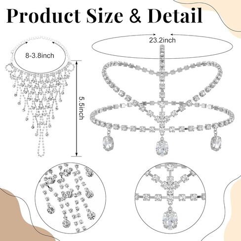 4 Pcs 1920s Rhinestone Silver Jewelry Set for Women Glitter Head Chain Dangle Earrings Crystal Choker Necklace Hand Chain for Wedding Party in Saudi Arabia