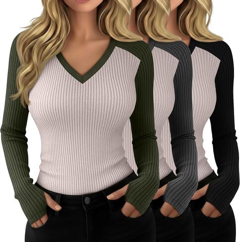 3 Pack Women's Long Sleeve V Neck Shirts Ribbed Raglan Cotton Tee Slim Fit Tops with Thumb Hole in Saudi Arabia