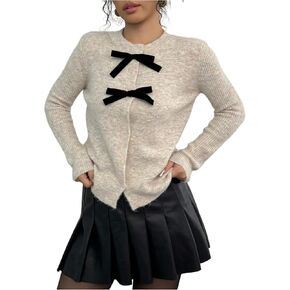 MakeMeChic Women's Bow Cardigan Sweaters Button Down Blouse Long Sleeve Crew Neck Y2k Knitted Sweater in Saudi Arabia