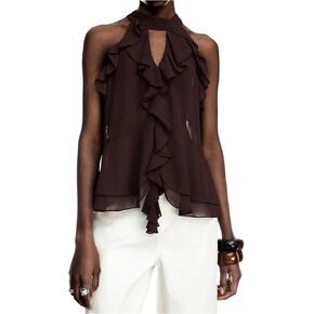 GORGLITTER Women's Mesh Halter Flowy Tank Tops Ruffle Tie Neck Cut Out Keyhole Dinner Crop Tops Going Out Outfits in Saudi Arabia