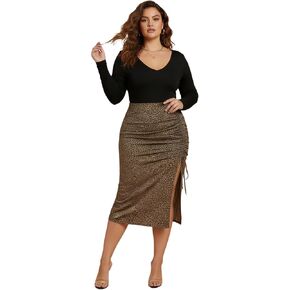 تنورة نسائية مقاس كبير بطباعة الفهد Ruched تنورة كلاسيكية عالية الخصر Bodycon سبليت ميدي تنانير للخروج in Saudi Arabia