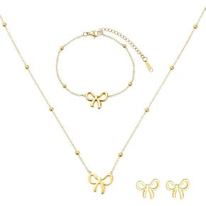 Yolev Bow Jewelry Set Gold Bow Necklace Bracelet Earrings Sets for Women Bowknot Ribbon Pendant Choker Necklace for Women Dressy Wedding Prom Christmas Gifts Stocking Stuffers in Saudi Arabia