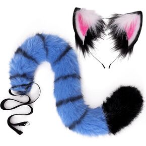 Tiger Ears and Tail Set Plush Ears Headband with Black and Blue Stripes Tail Animal Costume Halloween Cosplay in Saudi Arabia