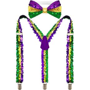 Mardi Gras Suspenders and Bow Tie Set for Men Adults, Green Purple Yellow Striped Costume Party Outfit in Kuwait