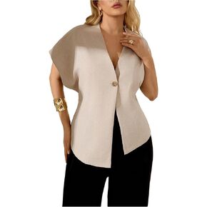 WDIRARA Women's Plus Size V Neck Button Asymmetrical Hem Blouse Short Sleeve Blazer Work Business Jackets in Kuwait
