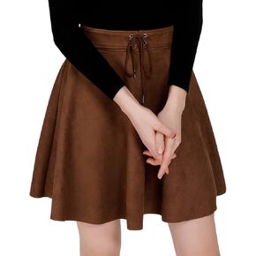 تنورة قصيرة من الجلد السويدي الصناعي من DIASHINY للنساء على شكل حرف A وحزام متزلج بخصر عالٍ وتنورات مطاطية واسعة in Kuwait