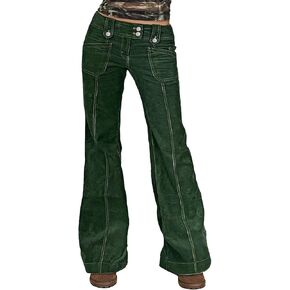 Flamingals Flare Leg Pants for Women Mid Rise Asymmetrical Waist Corduroy Stitch Detail Patched Pocket Bootcut Pants in Kuwait