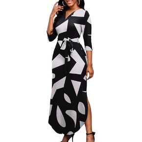 FANDEE Maxi Dress for Women, Long Print Dresses Casual V Neck 3/4 Sleeve in Saudi Arabia
