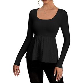 Women's Scoop Neck Peplum Sweater Long Sleeve Cable Knit Dressy Casual Pullover Tops in Saudi Arabia
