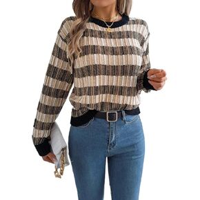 Fall Winter Sweater for Women Oversized Striped Color Block Long Sleeve Knit Pullover Tops Vintage Aesthetic Clothes in Kuwait