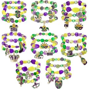 Landical Mardi Gras Bracelets for Women Beaded Stretch Bracelet Glitter Mask Crown Iris Bracelets Purple Green Gold Beaded Bracelet Set for Mardi Gras Accessory Carnival Parade Outfits in Saudi Arabia