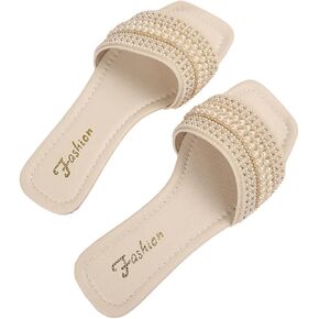 Verdusa Women's Boho Pearls Flat Sandals Beach Vacation Square Open Toe Slip on Slides in Saudi Arabia
