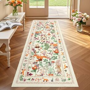 nerst Cute Botanical Runner Rugs for Hallway 2x6ft, Non Slip Animal Printed Kitchen Rug Washable, Soft Thin Jungle Fox Bedside Runners, Woodland Accent Floor Carpet for Bedroom Hall Bathroom (Green) in Saudi Arabia