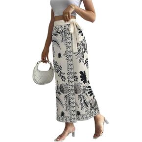 تنورة طويلة طويلة للسيدات من MakeMeChic بنقشة زهور بوهو ذات خصر عالٍ ملفوفة ورباط جانبي in Kuwait