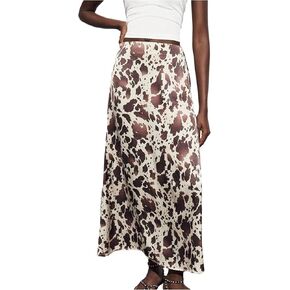 تنورة MakeMeChic النسائية الطويلة المصنوعة من الساتان بطبعة بقرة على شكل حرف A in Kuwait