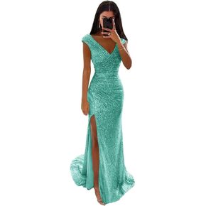 Maxianever Sequin Prom Dresses Long Mermaid V Neck with Slit Sparkly Formal Evening Gown for Women 2025 in Kuwait