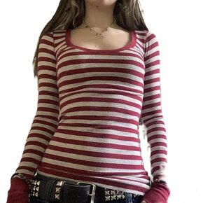 Womens Striped Long Sleeve Shirt Y2k Fairy Grunge Baggy Tee Shirts Teen Girls Vintage Harajuku Streetwear in Saudi Arabia