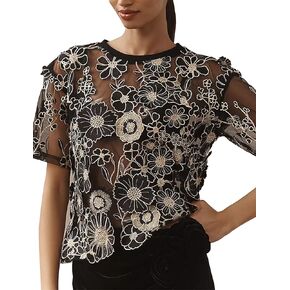 Women's Embroidered 3D Floral Blouse Short Sleeve Crew Neck Sheer Lace Tee Shirts in Saudi Arabia