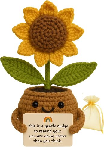 Crochet Sunflower with Positive Messages | Handmade Crochet Flower Desk Decor | Emotional Support Gift for Teacher, Friend, Coworkert | Light Brown Pot in Saudi Arabia