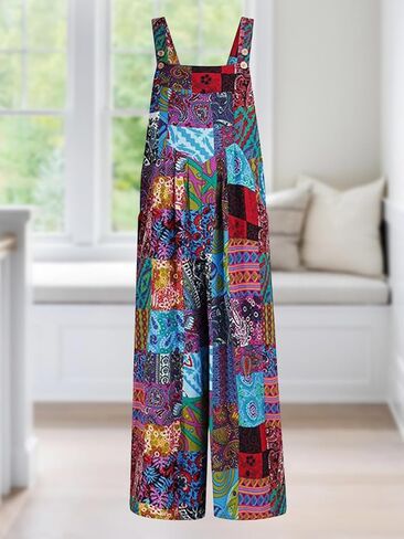 Women's Loose Floral Random Print Patchwork Dual Pocket Overalls Bohemian Wide Leg Bib Ladies Jumpsuit in Saudi Arabia