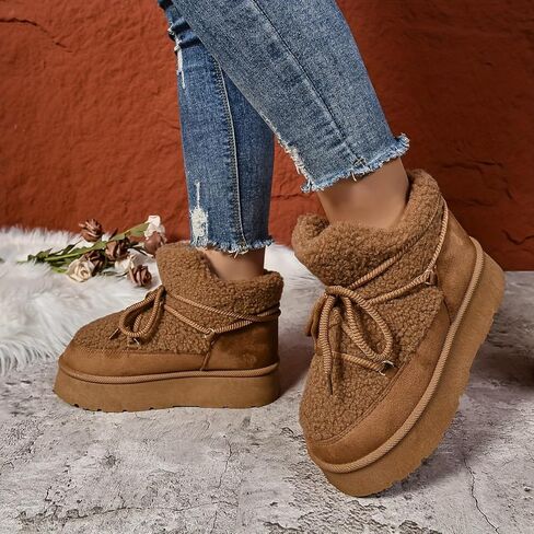 Chic Winter Women's Snow Boots - Warm, Lace-Up Mid-Calf with Thick Sole for Casual Wear in Saudi Arabia