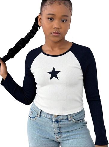 Girl's Star Graphic Tees Color Block Tops Crew Neck Long Sleeve T Shirts in Saudi Arabia