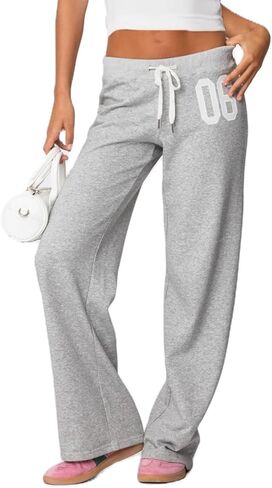 Mxiqqpltky Wide Leg Sweatpants Women Soft Drawstring Low Waist Straight Baggy Number Print Joggers Y2K Graphic Lounge Pants in Saudi Arabia