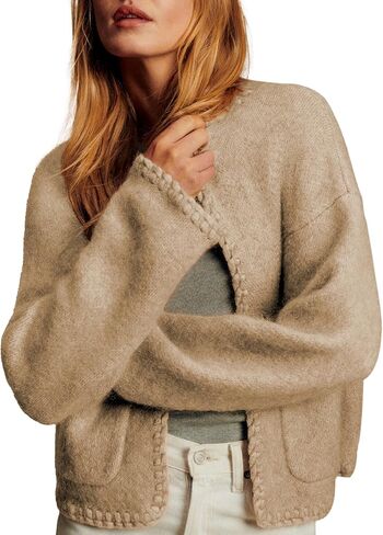 Womens Knit Cardigan Braided Sweaters Trim Open Front Sweater with Pockets Oversized Casual Outerwear Fall Winter in Saudi Arabia