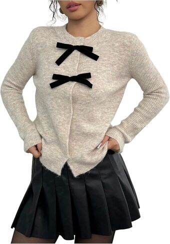 MakeMeChic Women's Bow Cardigan Sweaters Button Down Blouse Long Sleeve Crew Neck Y2k Knitted Sweater in Saudi Arabia
