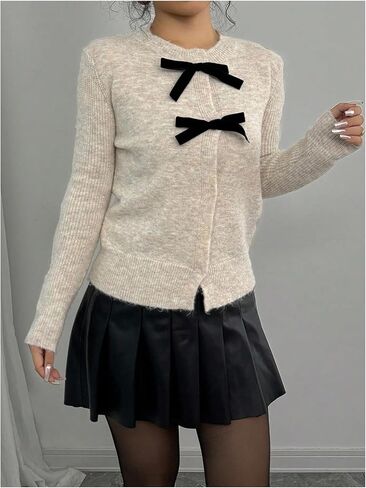MakeMeChic Women's Bow Cardigan Sweaters Button Down Blouse Long Sleeve Crew Neck Y2k Knitted Sweater in Saudi Arabia