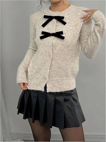 MakeMeChic Women's Bow Cardigan Sweaters Button Down Blouse Long Sleeve Crew Neck Y2k Knitted Sweater in Saudi Arabia