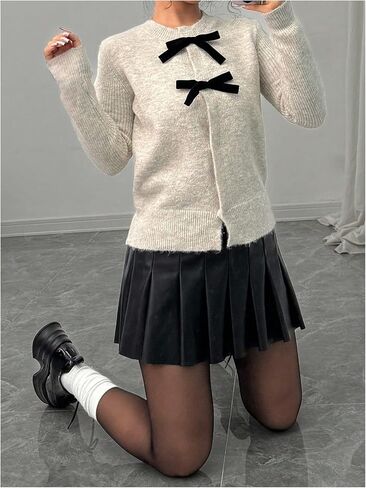 MakeMeChic Women's Bow Cardigan Sweaters Button Down Blouse Long Sleeve Crew Neck Y2k Knitted Sweater in Saudi Arabia