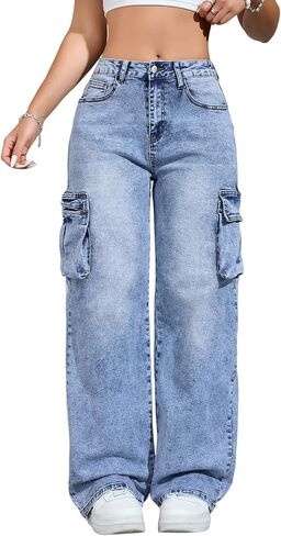 Women Jeans - Cargo Jeans for Women with 6 Pockets, High Waisted Straight Wide Leg Jean, Casual Baggy Denim Pants Blue in Saudi Arabia