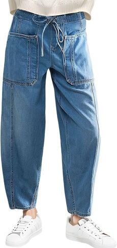 Barrel Women Elastic Wide Leg Baggy Jeans - Low Rise Boyfriend Denim Pants with Drawstring in Saudi Arabia