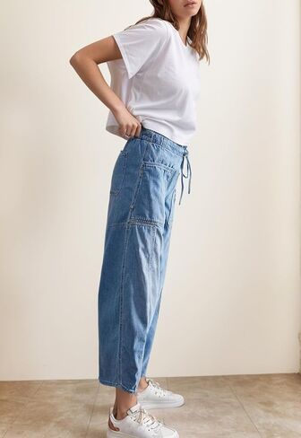 Barrel Women Elastic Wide Leg Baggy Jeans - Low Rise Boyfriend Denim Pants with Drawstring in Saudi Arabia
