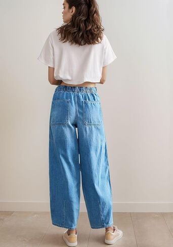 Barrel Women Elastic Wide Leg Baggy Jeans - Low Rise Boyfriend Denim Pants with Drawstring in Saudi Arabia