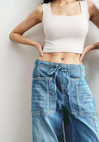 Barrel Women Elastic Wide Leg Baggy Jeans - Low Rise Boyfriend Denim Pants with Drawstring in Saudi Arabia