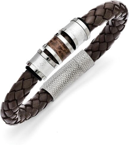 Solid Stainless Steel Men's Brown Leather Black Rubber Bracelet 8.25" (Width = 12mm) in Saudi Arabia