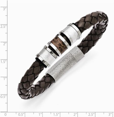 Solid Stainless Steel Men's Brown Leather Black Rubber Bracelet 8.25" (Width = 12mm) in Saudi Arabia