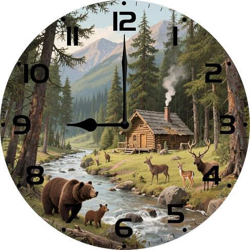 Bear Forest Wall Clock Vintage Wooden Wildlife Deer Clocks Battery Operated Silent Quartz Rustic Round Decorative Clock for Home Lodge Living Room Bedroom 12 in in Saudi Arabia
